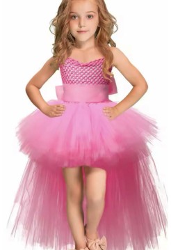 Рожеве ошатне плаття-пачка фатин зі шлейфом на дівчинку